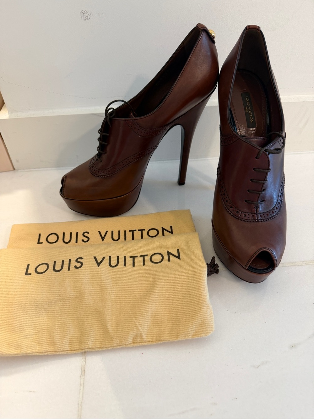 Louis Vuitton Brown Leather Peep-Toe Lace-Up Pumps - Picture 2 of 11